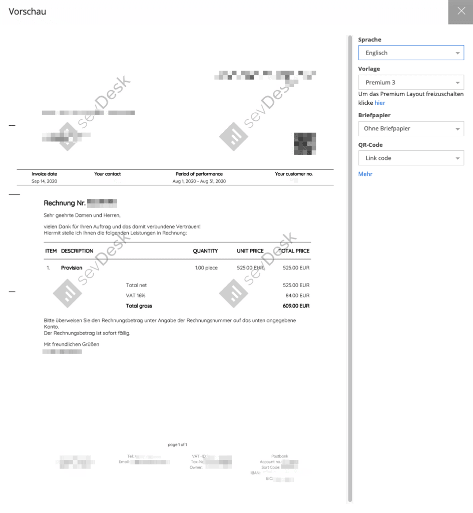 sevdesk rechnung englisch vorschau